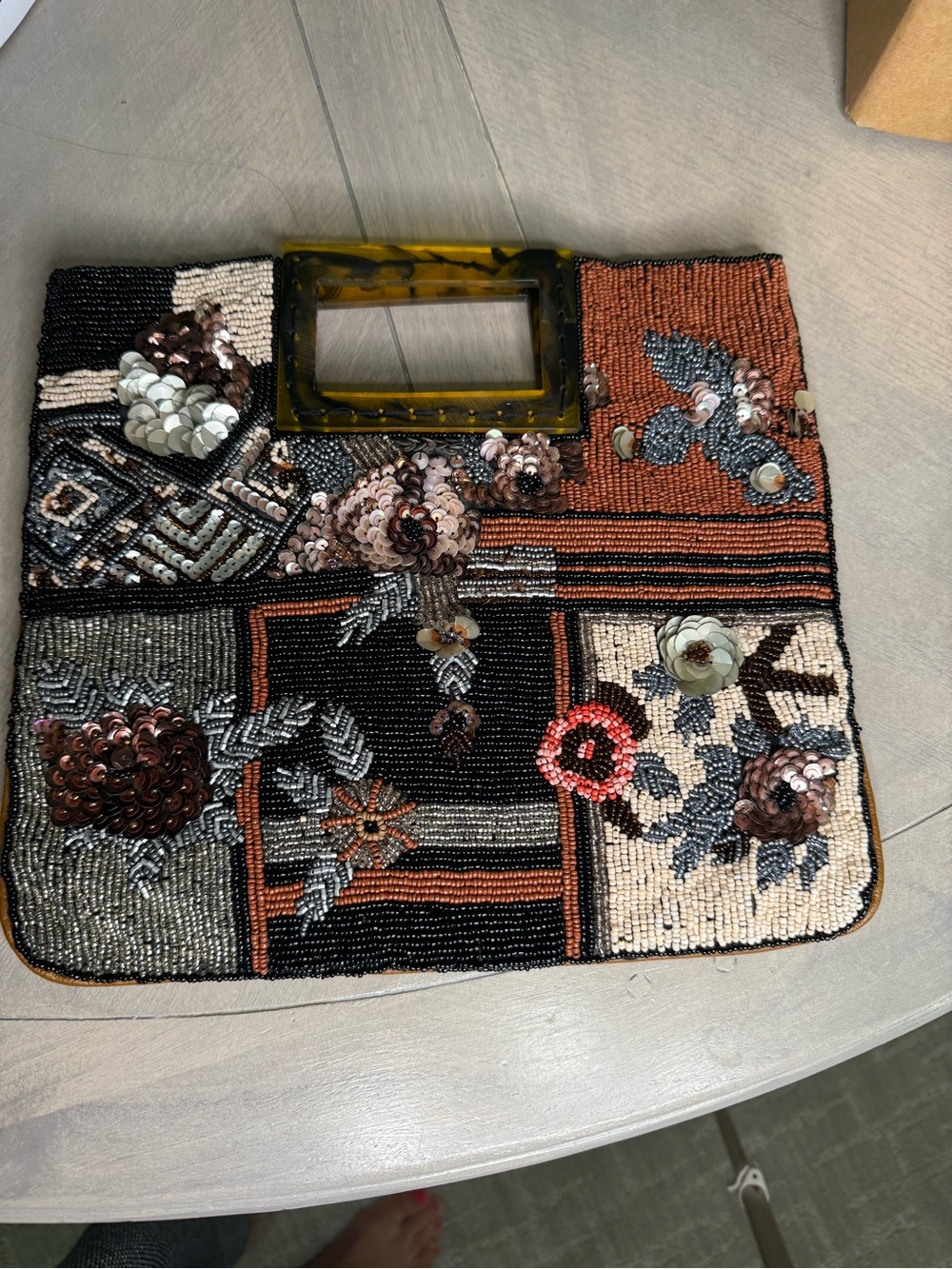 Anthropologie Black & Rust Beaded Floral Patchwork Clutch - Picture 7 of 12